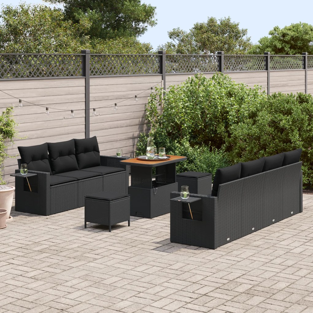 Conjunto de Sofás de Jardim de 10 Peças com Almofadas em Rattan Preto