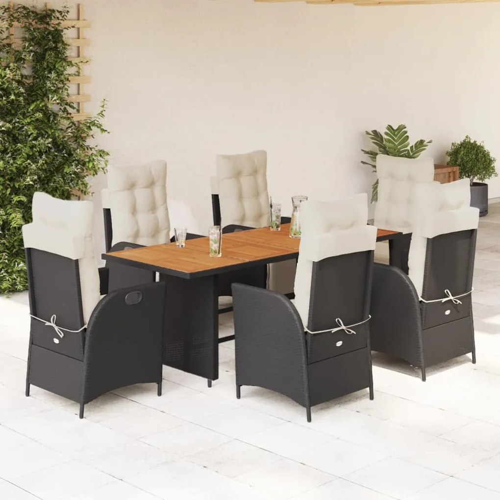 7 pcs conjunto de jantar p/ jardim c/ almofadões vime PE preto