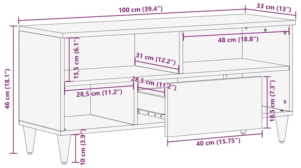 Móvel de TV 100x33x46 cm madeira de mangueira maciça preto