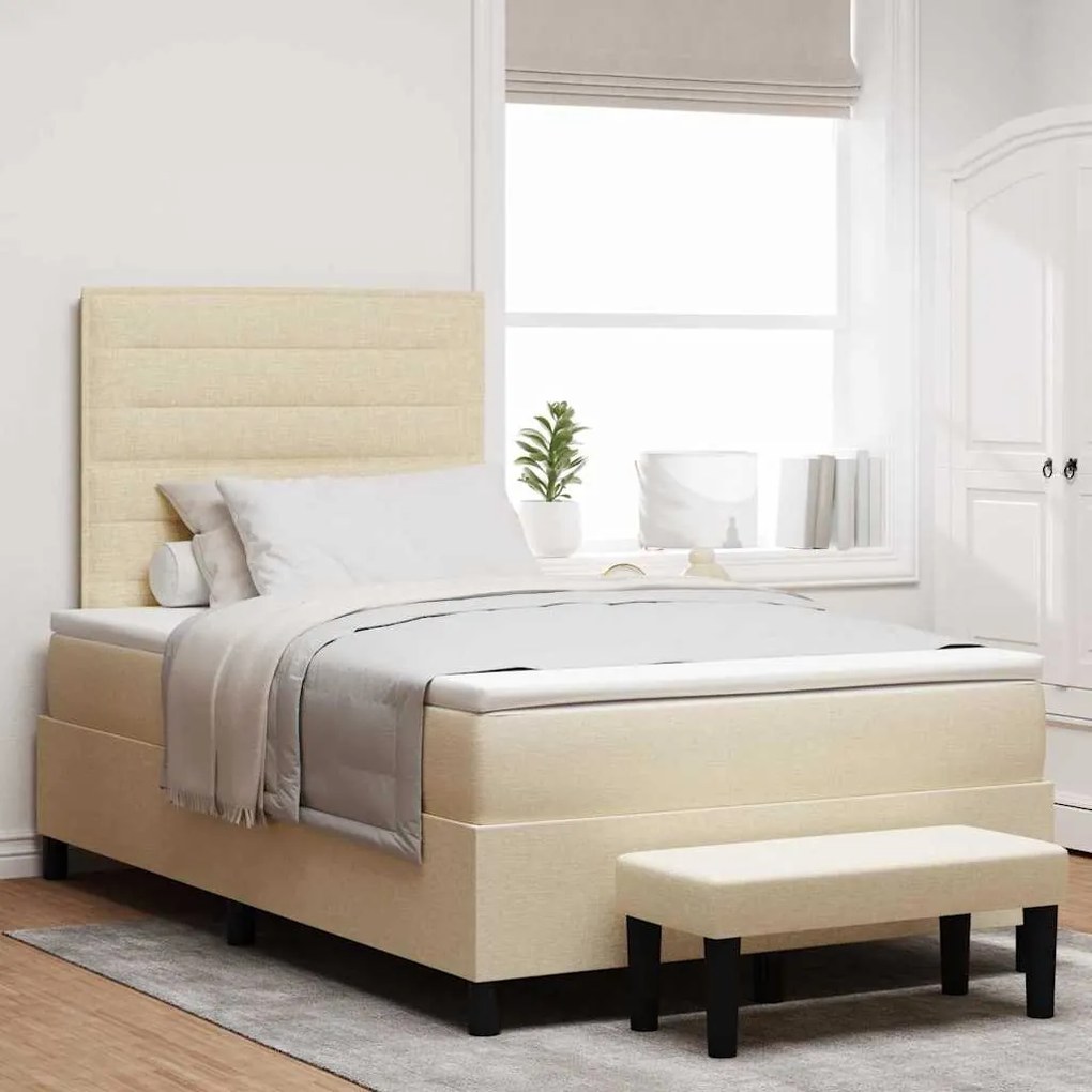 Cama Box Spring com Colchão &amp; Banqueta Creme 120x200 cm Tecido