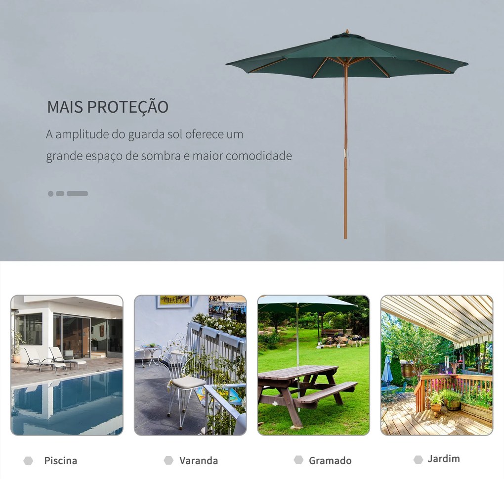 Chapéu de Sol Ø300x250cm Chapéu de Sol com Mastro de Madeira com 8 Has