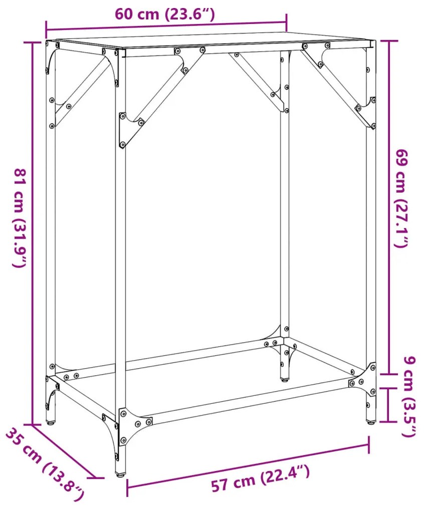 Mesa consola c/ tampo em vidro transparente 60x35x81 cm aço