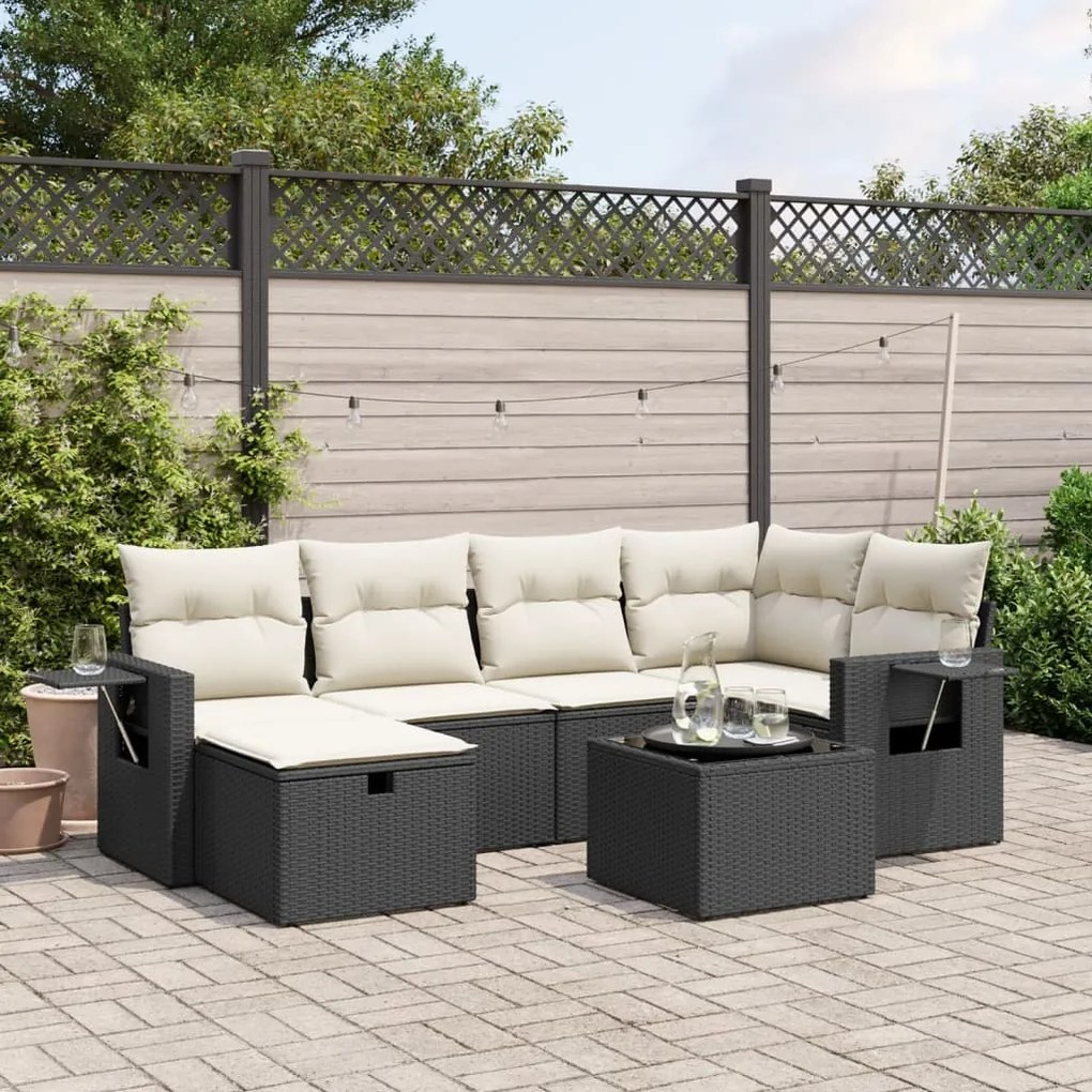 vidaXL 7 pcs conjunto de sofás p/ jardim c/ almofadões vime PE preto