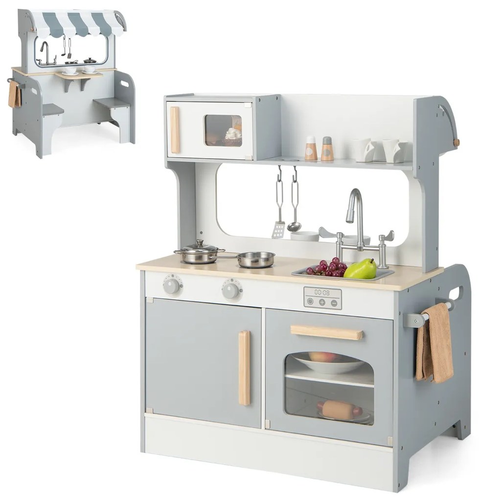 Cozinha e restaurante 2 em 1 para crianças de madeira 71 cm x 52 cm x 90 cm dupla face com torneira, lava-loiça e forno cinza