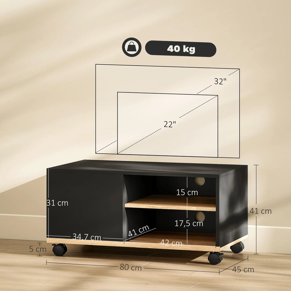 Móvel de TV com Rodas para Televisores até 42 Polegadas com 1 Porta 2 Compartimentos Abertos Prateleira 80x45x41 cm Preto