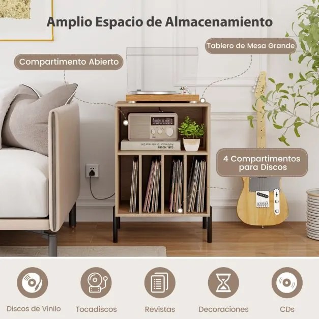 Estante para discos vinil Pernas de metal e Estação de carregamento e porta USB para sala de estar Quarto Escritório Natural