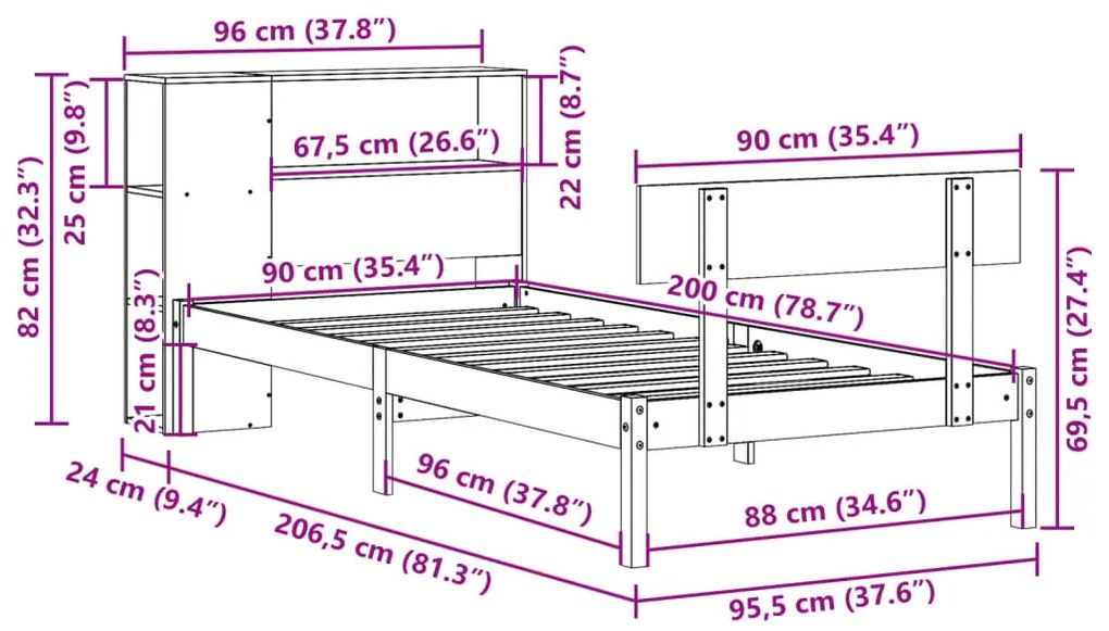 Cama com estante sem colchão 90x200 cm pinho maciço branco