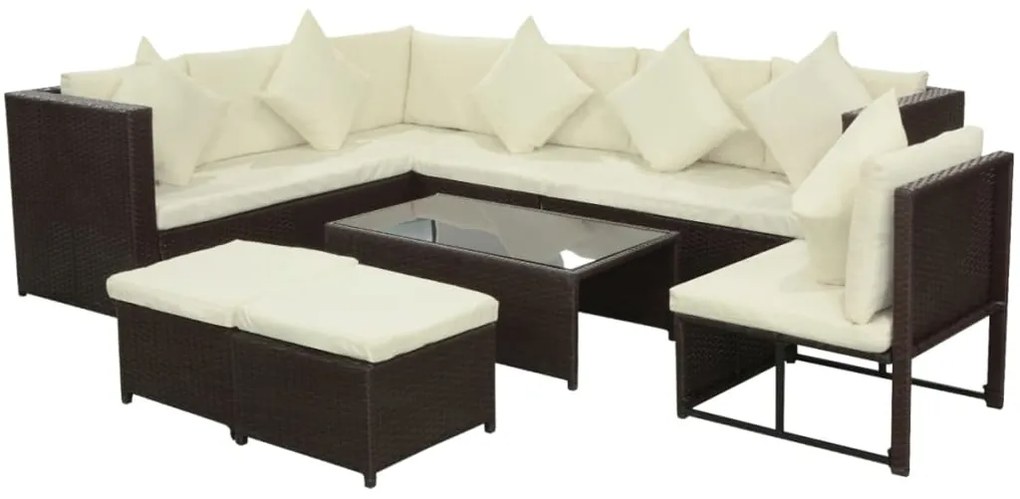 8 pcs conjunto lounge jardim c/ almofadões vime PE castanho