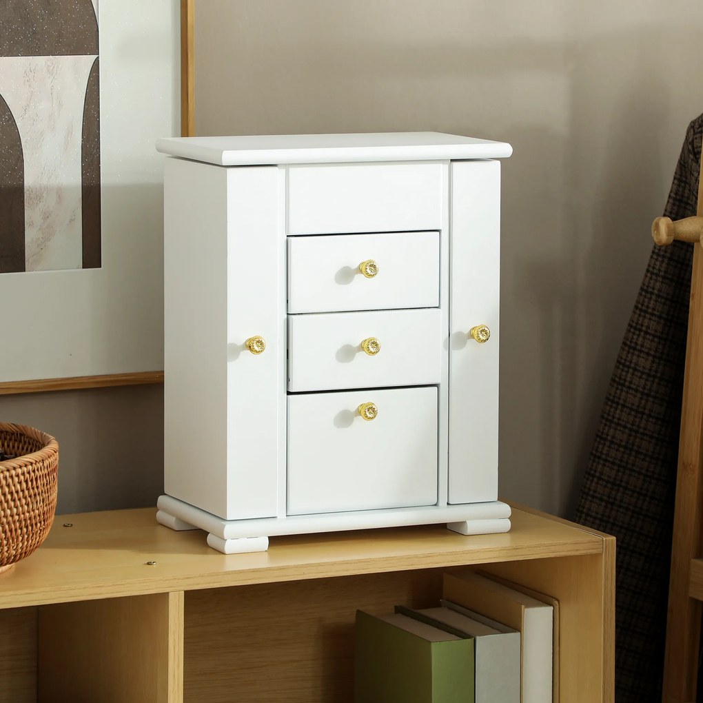 Caixa de joias para mulher 26,5 x 16 x 33,5 cm com 4 níveis, baú de joias em madeira com abas, espelho e 2 gavetas, branco