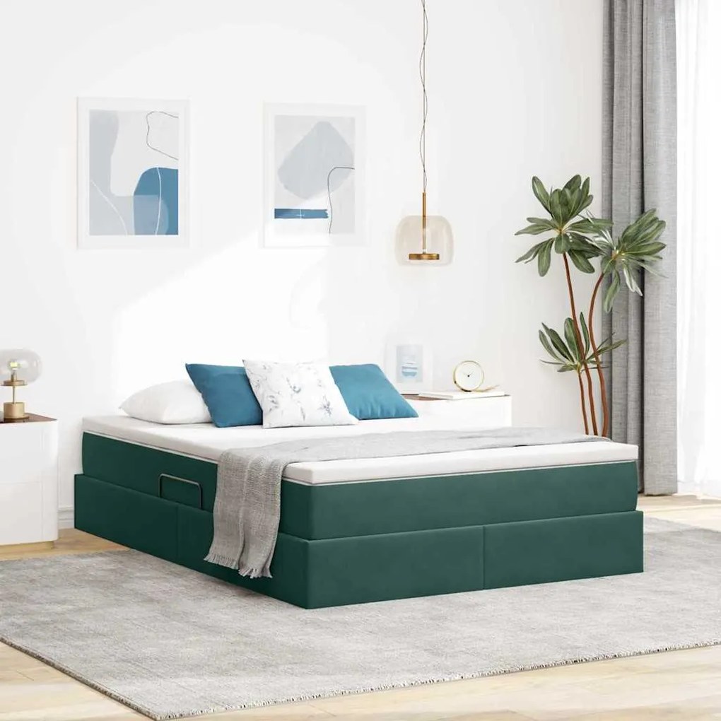 vidaXL Cama com arrumação e colchão Verde Escuro 140 x 200 cm Veludo