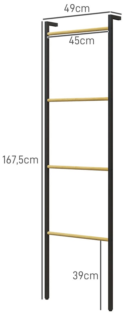 Toalheiro de 4 Níveis Toalheiro Casa de Banho com 4 Barras de Bambu e Estrutura de Aço 49x5,5x167,5 cm Preto e Madeira