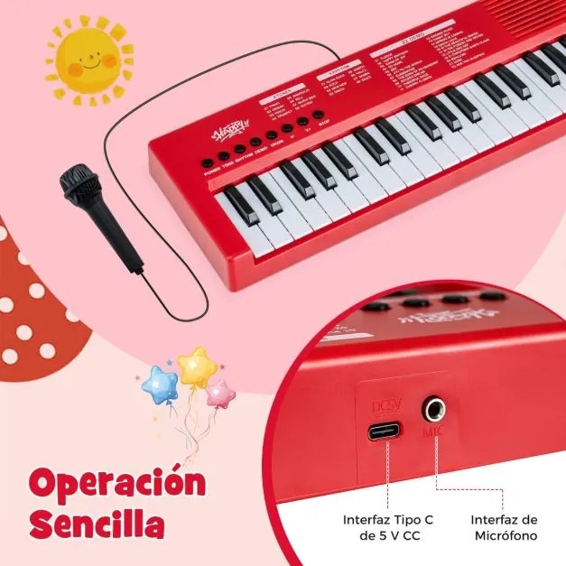 Teclado de piano para crianças Piano elétrico portátil de 37 teclas com 8 ritmos, 8 tons e 22 demos Instrumento musical eletrónico vermelho