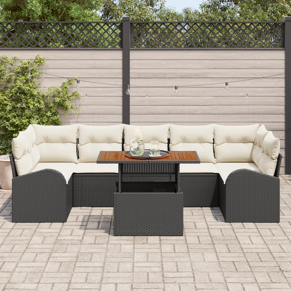 Conjunto de Sofá de Jardim 8 Peças com Almofadas Preto Rattan Poliéste