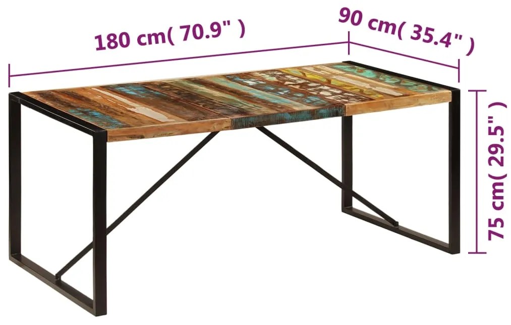 Mesa de jantar 180x90x75 cm madeira recuperada maciça