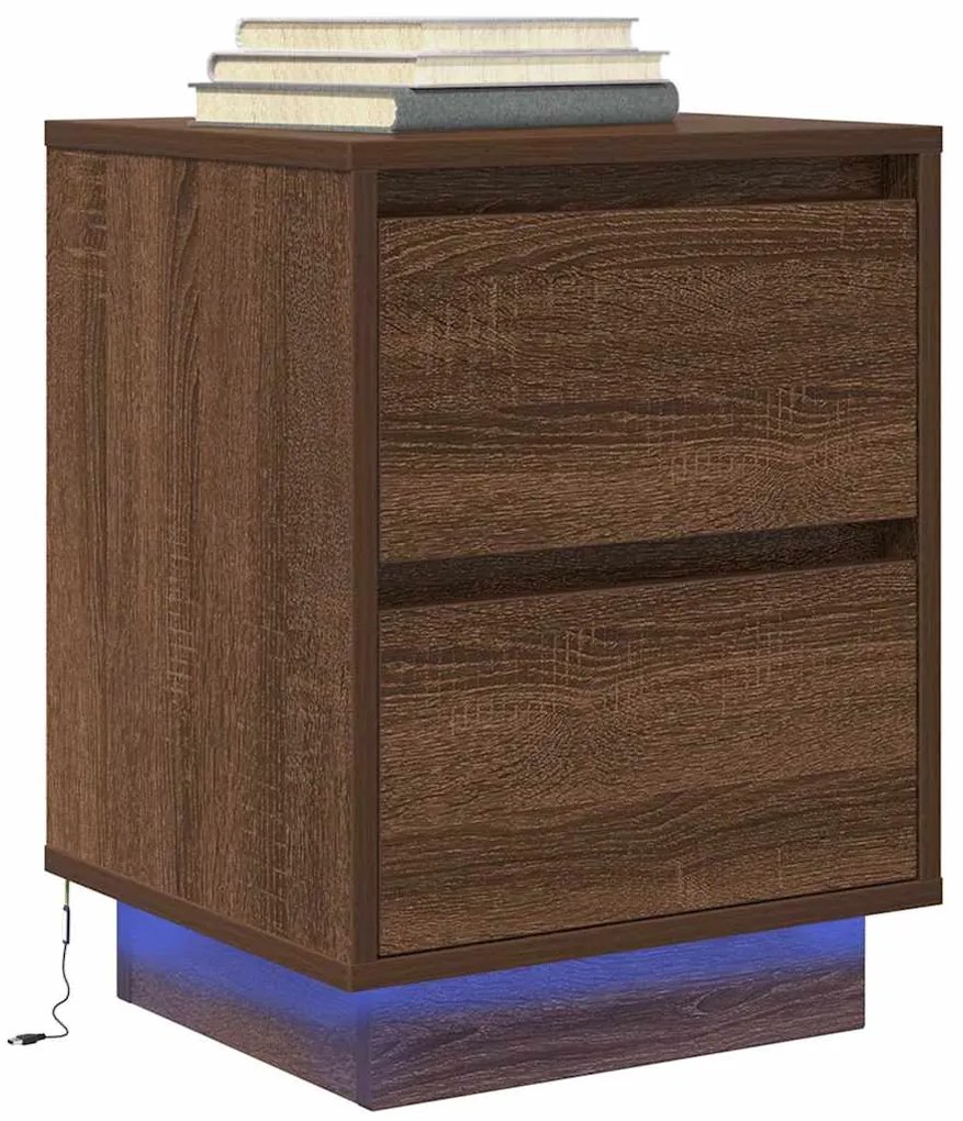 Mesa de cabeceira com luzes LED 38x34x50 cm carvalho castanho