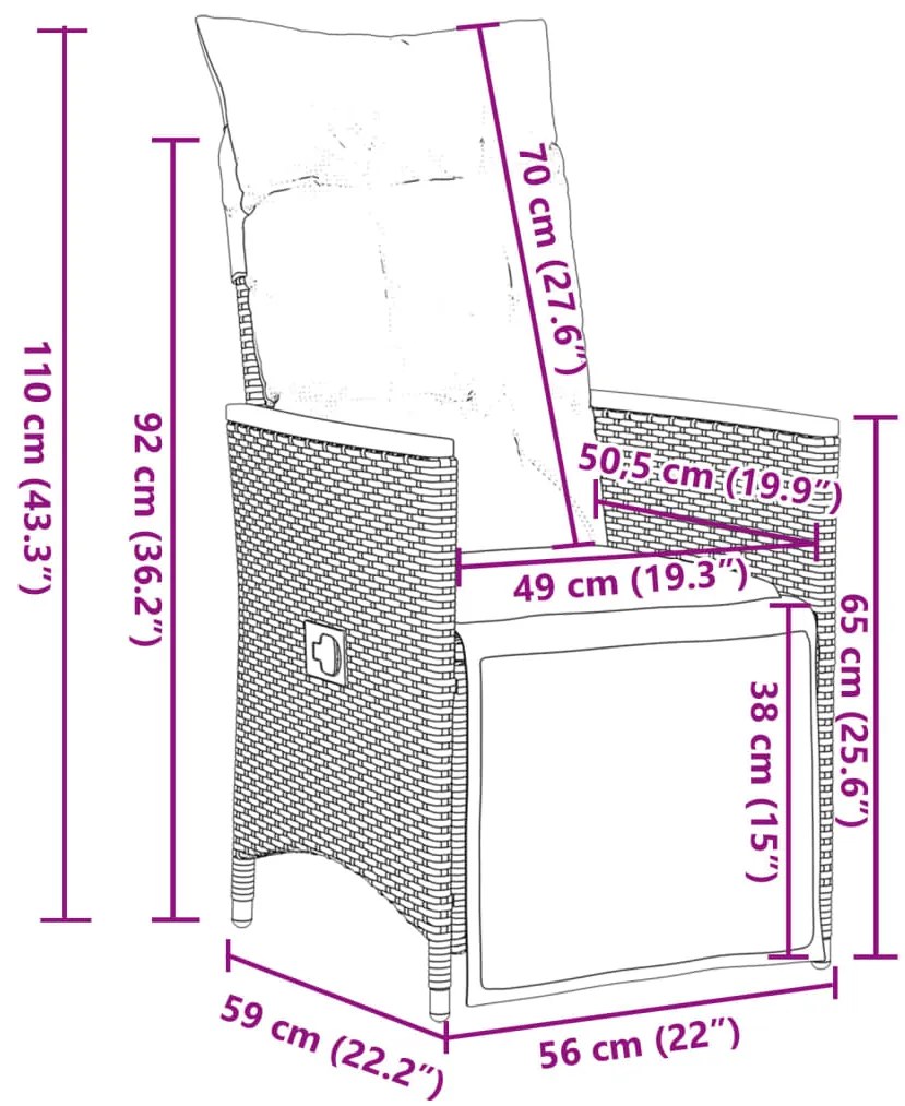 Cadeiras jardim reclináveis 2 pcs c/ almofadões vime PE cinza