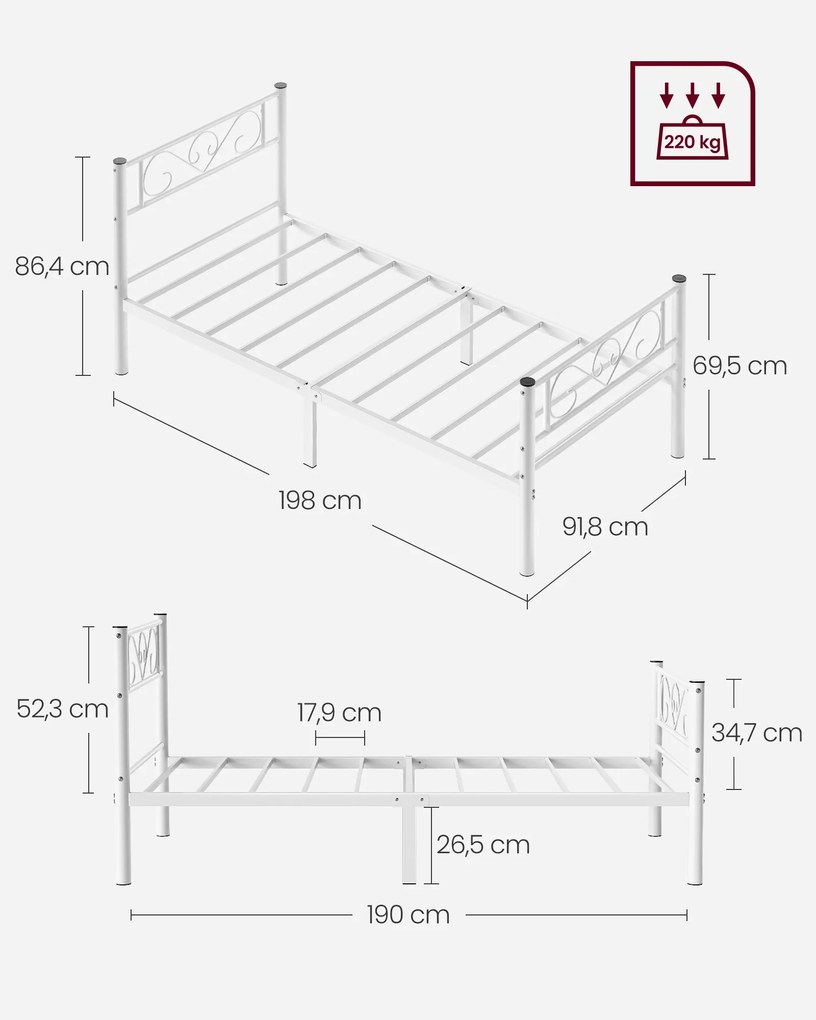 Estrutura de cama de solteiro em metal 198 x 91,8 x 86,4 cm branco