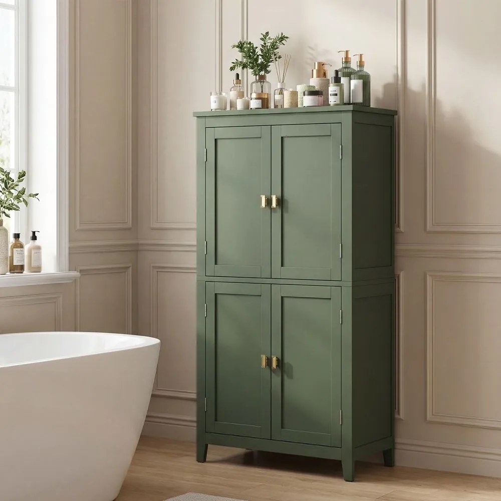 Armário de casa de banho com 4 portas 30 x 60 x 110 cm, branco clássico e verde floresta