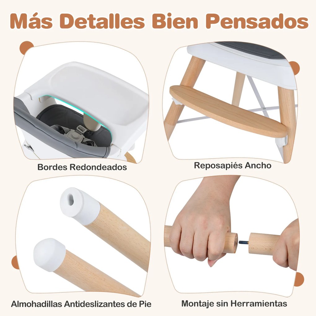 Cadeira de refeição evolutiva para bebés com tabuleiro e almofada removíveis, arnês de 5 pontos, pernas em madeira, banquinho portátil para 6-36 meses