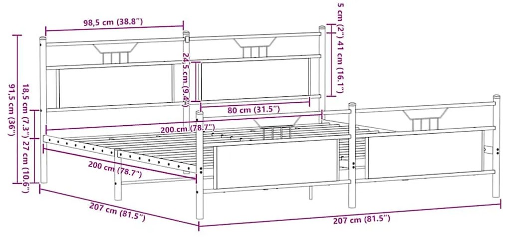 Estrutura de cama sem colchão 200x200cm metal carvalho sonoma