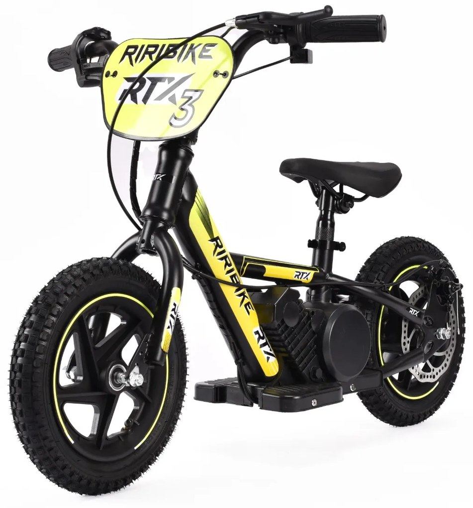 Bicicleta eléctrica para crianças RIRIBIKE RTX3 24V (12"), bateria de lítio, motor de 100W, travão de disco, assento ajustável em PU macio amarela