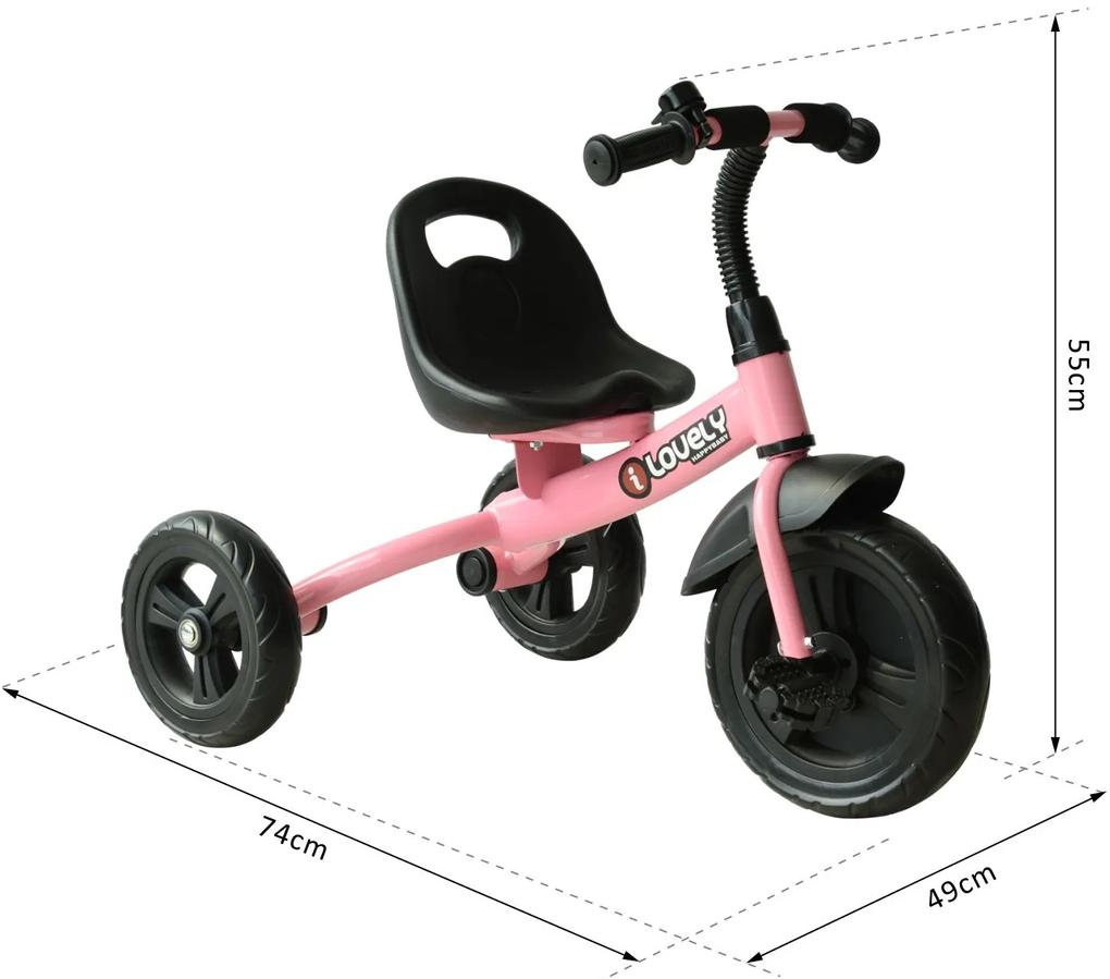 Triciclo para Crianças com mais de 18 meses com Campainha, Guarda-Lamas Roda de Segurança 74x49x55 cm