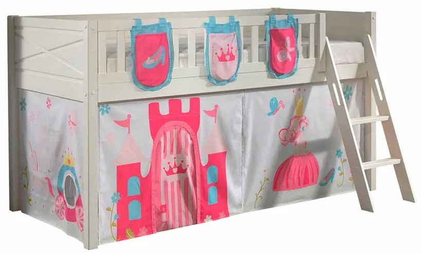 Conjunto cama alta Infantil SCOTT + cortina de brincar PRINCESAS + 3 bolsos de arrumação Branca