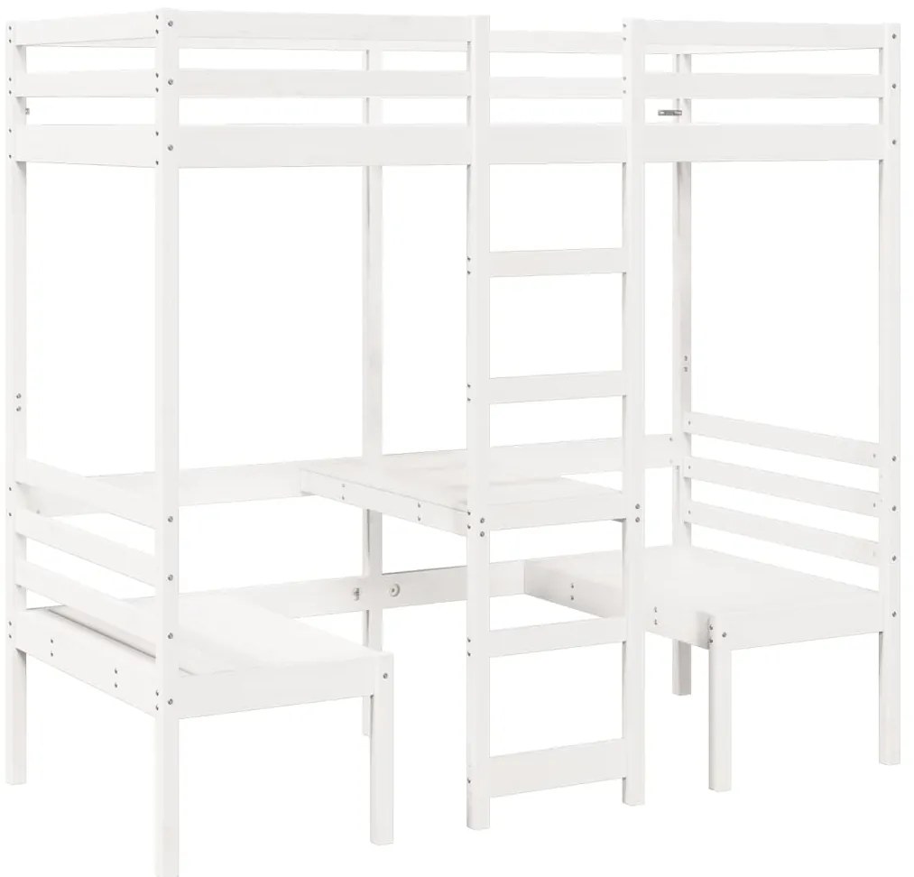 Cama alta c/ secretária/cadeiras 90x200 cm pinho maciço branco