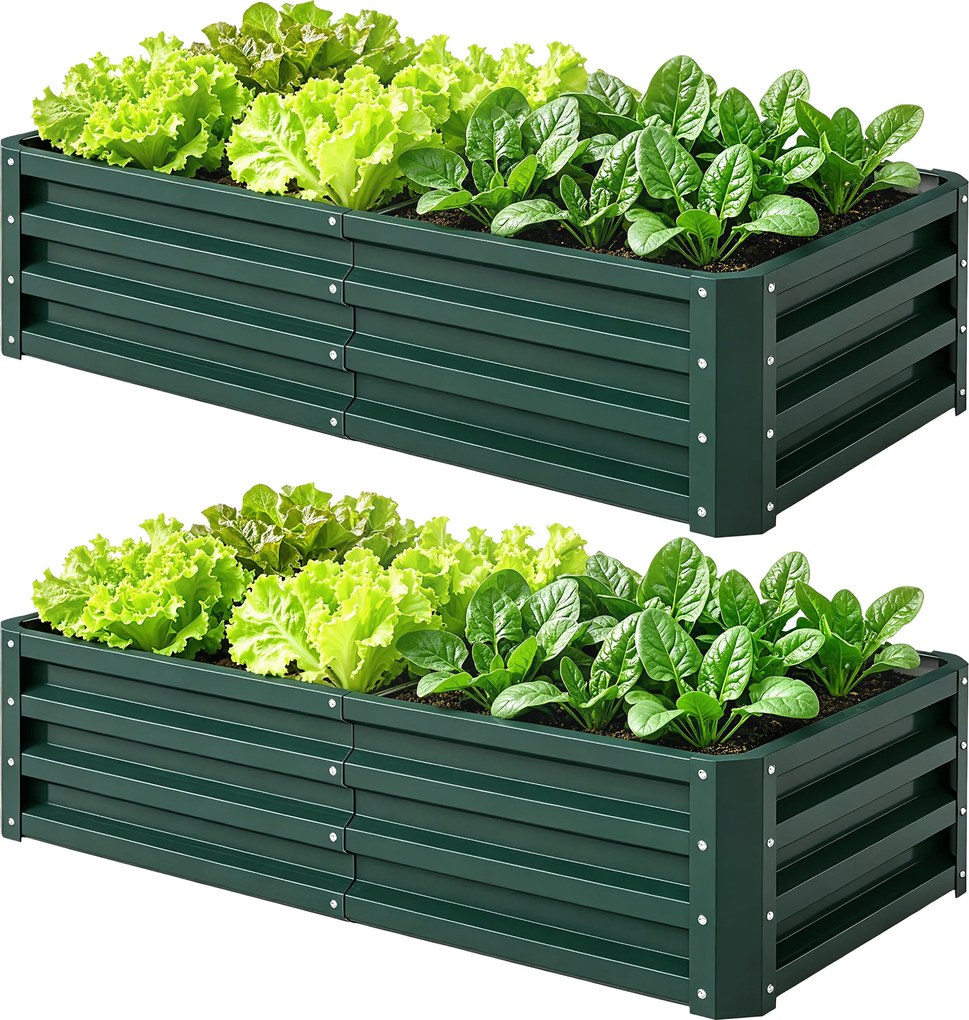 Conjunto de 2 Floreiras de Jardim Retangulares, 120 x 60 x 30,5 cm, Aço Galvanizado, Verde Escuro