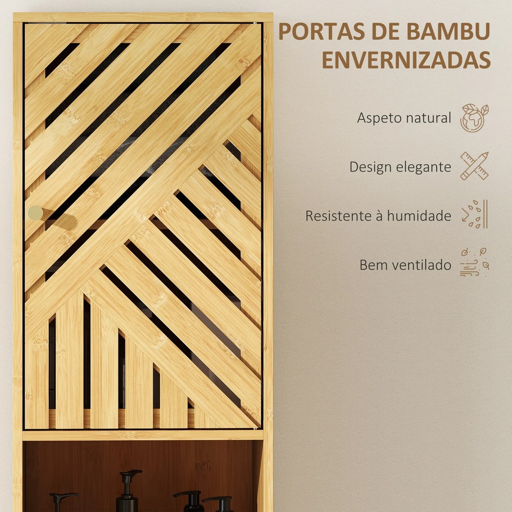 Coluna de Casa de Banho Estreita Armário de Casa de Banho Alto com Portas e Pés de Bambu 32x30x170 cm Madeira