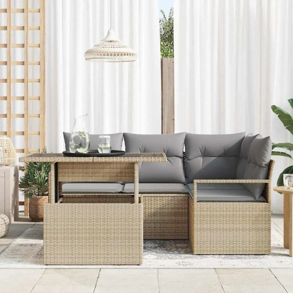 Conjunto de Sofás de Jardim de 5 Peças com Almofadas Bege de Rattan Po