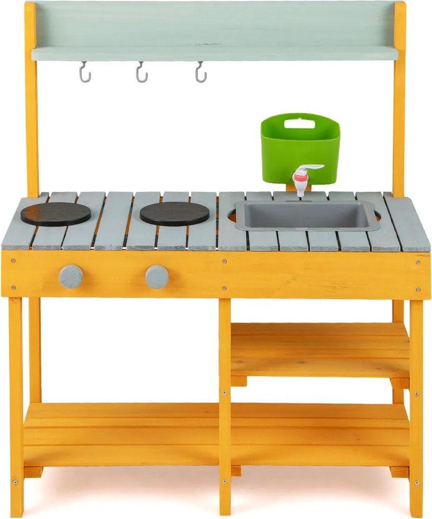 Cozinha de brincar em madeira para crianças com caixa de água Torneira realista Lava-loiça amovível para crianças com mais de 3 anos - laranja