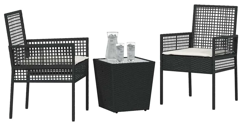 Conjunto de Bistro de Jardim 3 Peças com Almofadas Preto Rattan Sintét