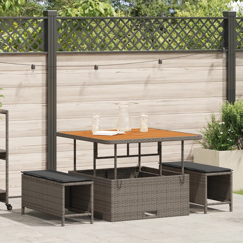 Conjunto de Jantar de Jardim de 3 Peças com Almofadas Cinza em Rattan Polipropileno e Acácia