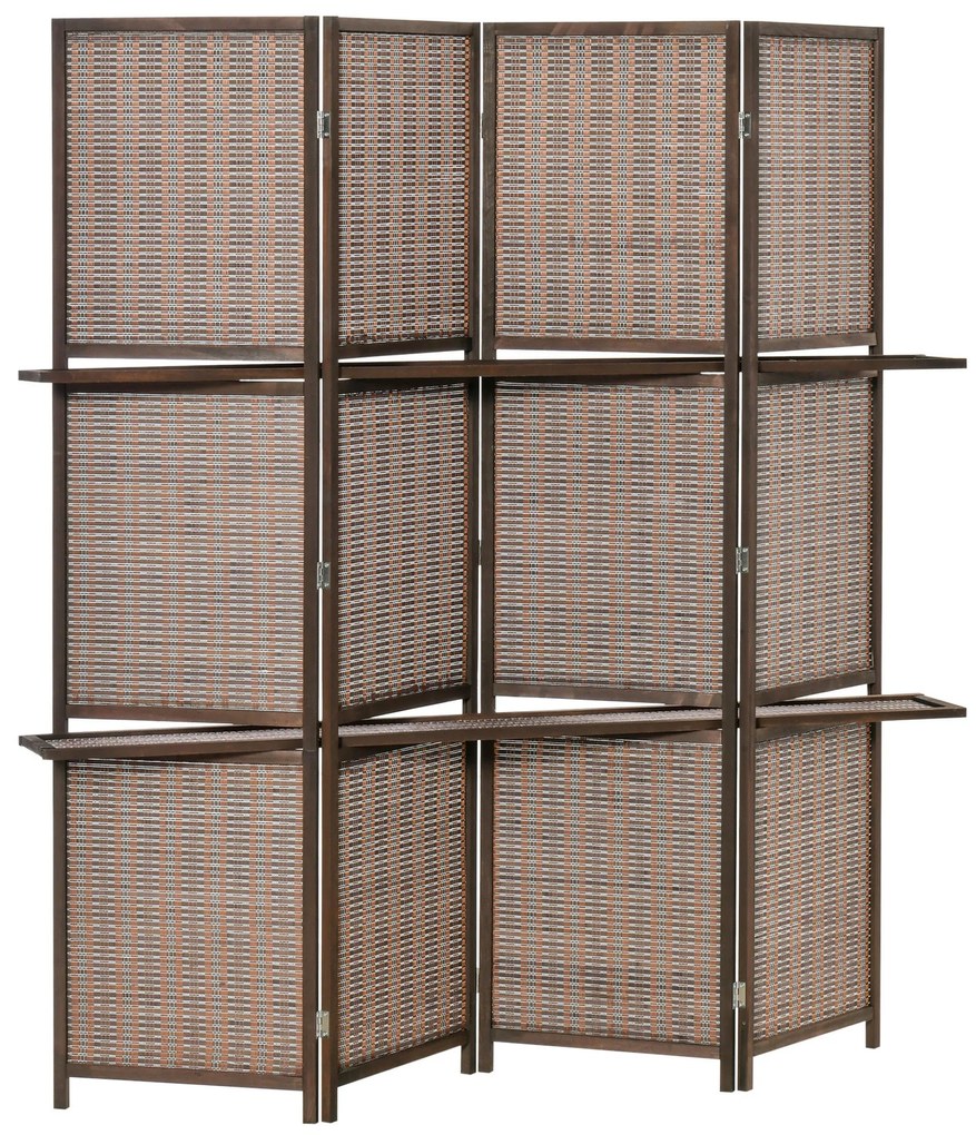 HOMCOM Biombo de 4 Painéis de Bambú Separador de Ambientes Dobrável com 2 Prateleiras Removíveis para Dormitório 180x180cm Marrom