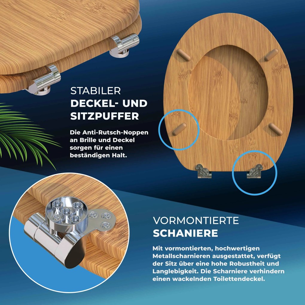 Assento sanitário em bambu com sistema de descida automática em MDF 45,7 x 38 cm