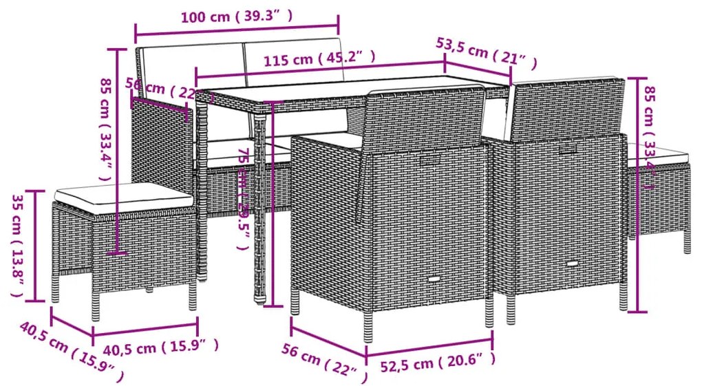 6 pcs conjunto de jantar p/ jardim com almofadões vime PE bege