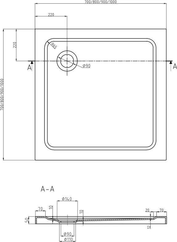 Mexen Flat base de duche quadrada slim 70 x 70 cm, branca, sifão cromado - 40107070