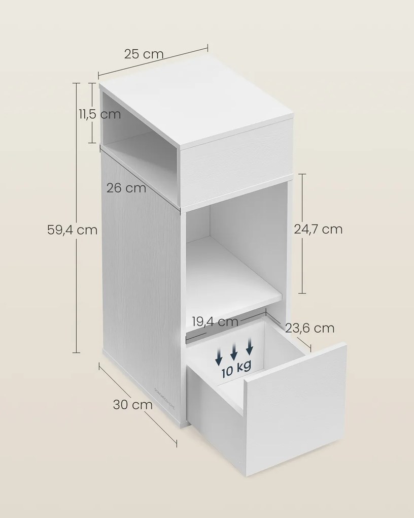 Mesa de cabeçeira 30 x 25 x 59,4 cm com compartimentos abertos e gaveta Branca
