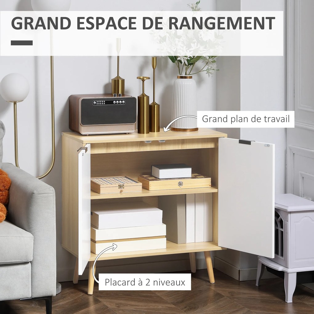 Aparador de sala, móvel de arrumação com 2 portas e prateleira ajustável, 77 x 35 x 77,5 cm, branco e madeira natural