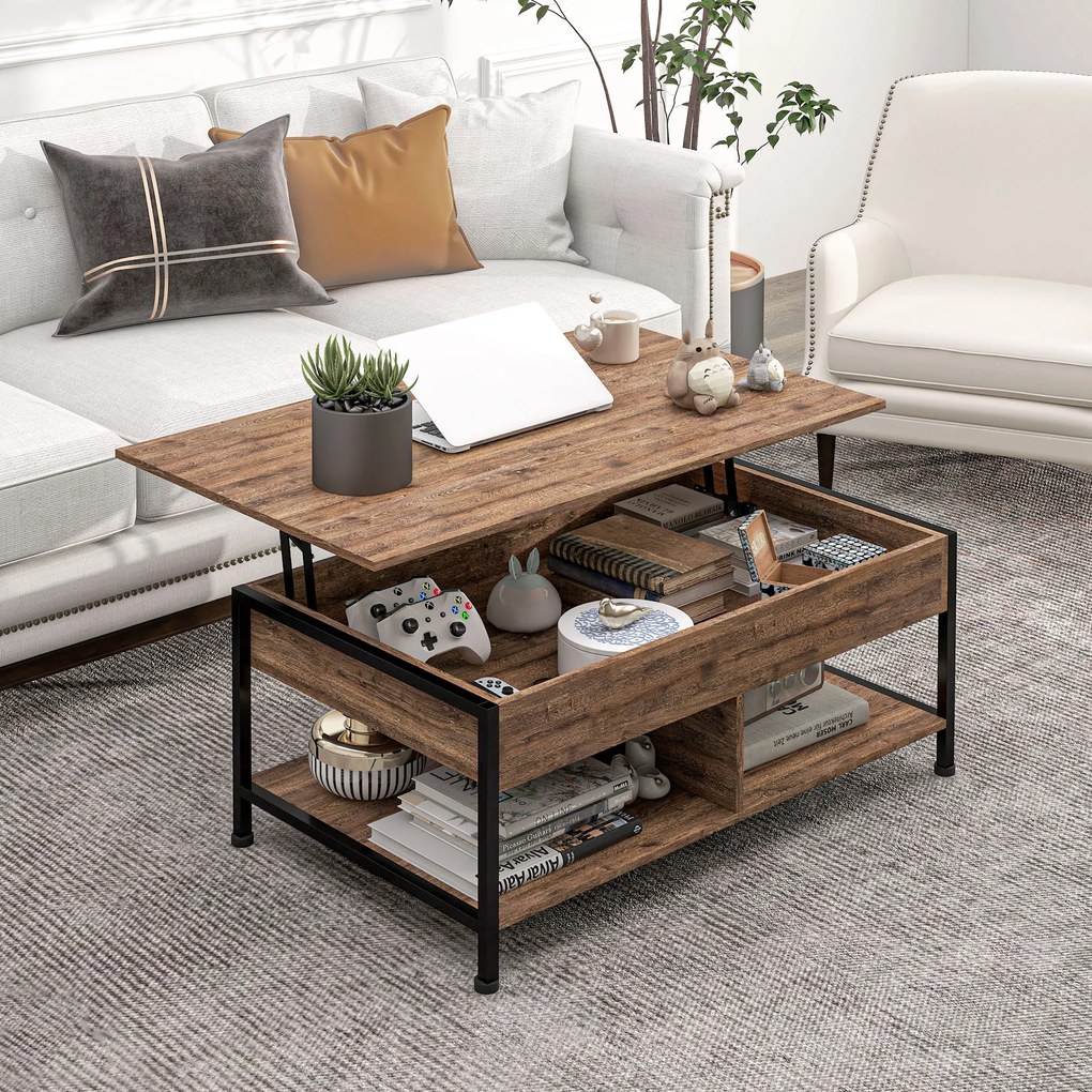 Mesa de centro  100 x 80 x 60 cm elevável com compartimento oculto, 2 prateleiras inferiores,, castanho rústico e preto
