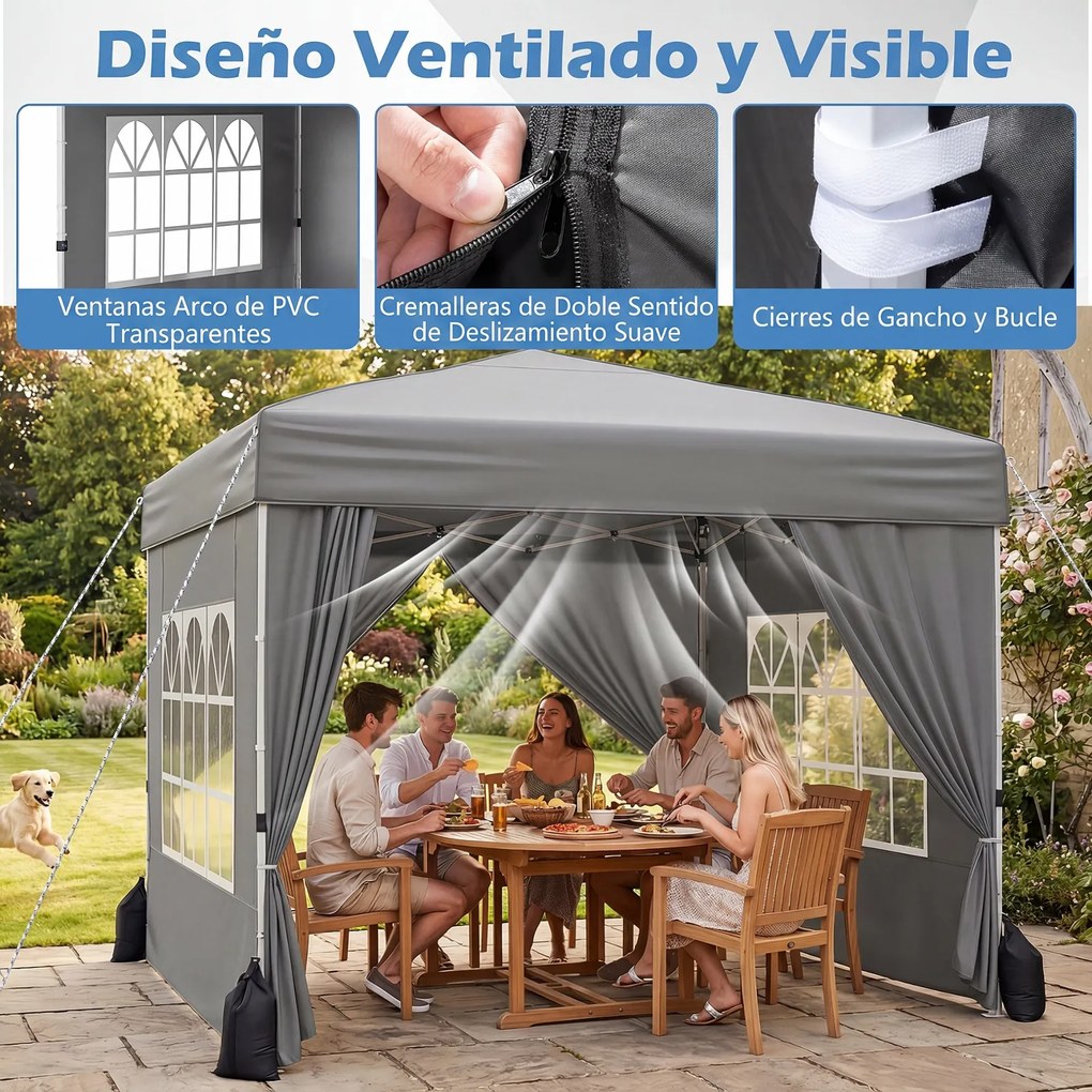 Tenda Dobrável de Exterior feiras, eventos, festas, 300 x 300 x 250-268 cm, 4 Paredes Removíveis e 4 sacos areia Cinzento