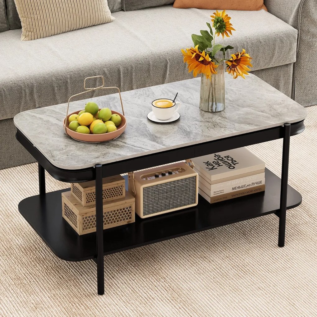 Mesa de centro Moderna Retangular 90 x 50 x 45,5 cm de 2 Níveis com Tampo Sinterizado e Estrutura Metálica Cinza