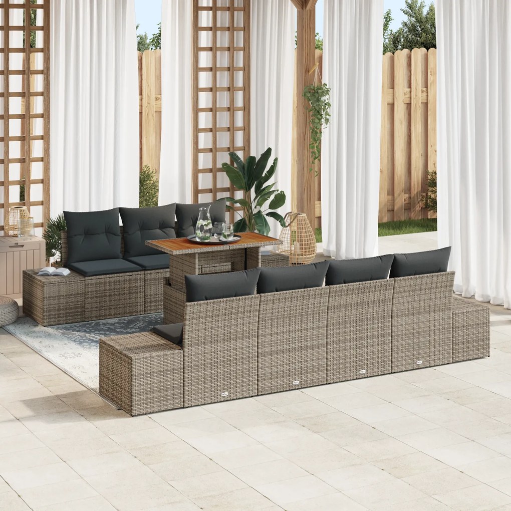 Conjunto de Sofá de Jardim de 8 Peças com Almofadas Cinzas de Rattan
