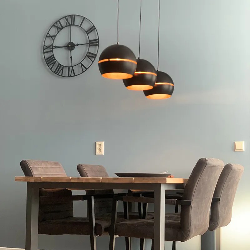 Candeeiro de suspensão design preto com interior dourado 3-luzes - Buell