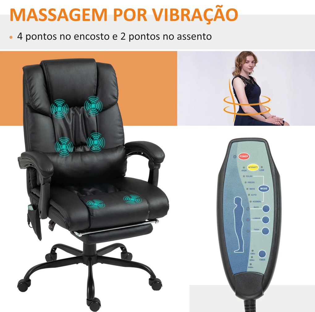 Cadeira de Escritório com Massagem de 6 Pontos Encosto Alto Reclinável Apoio para Pés e Controlo Remoto 66x75x112-122 cm Preto