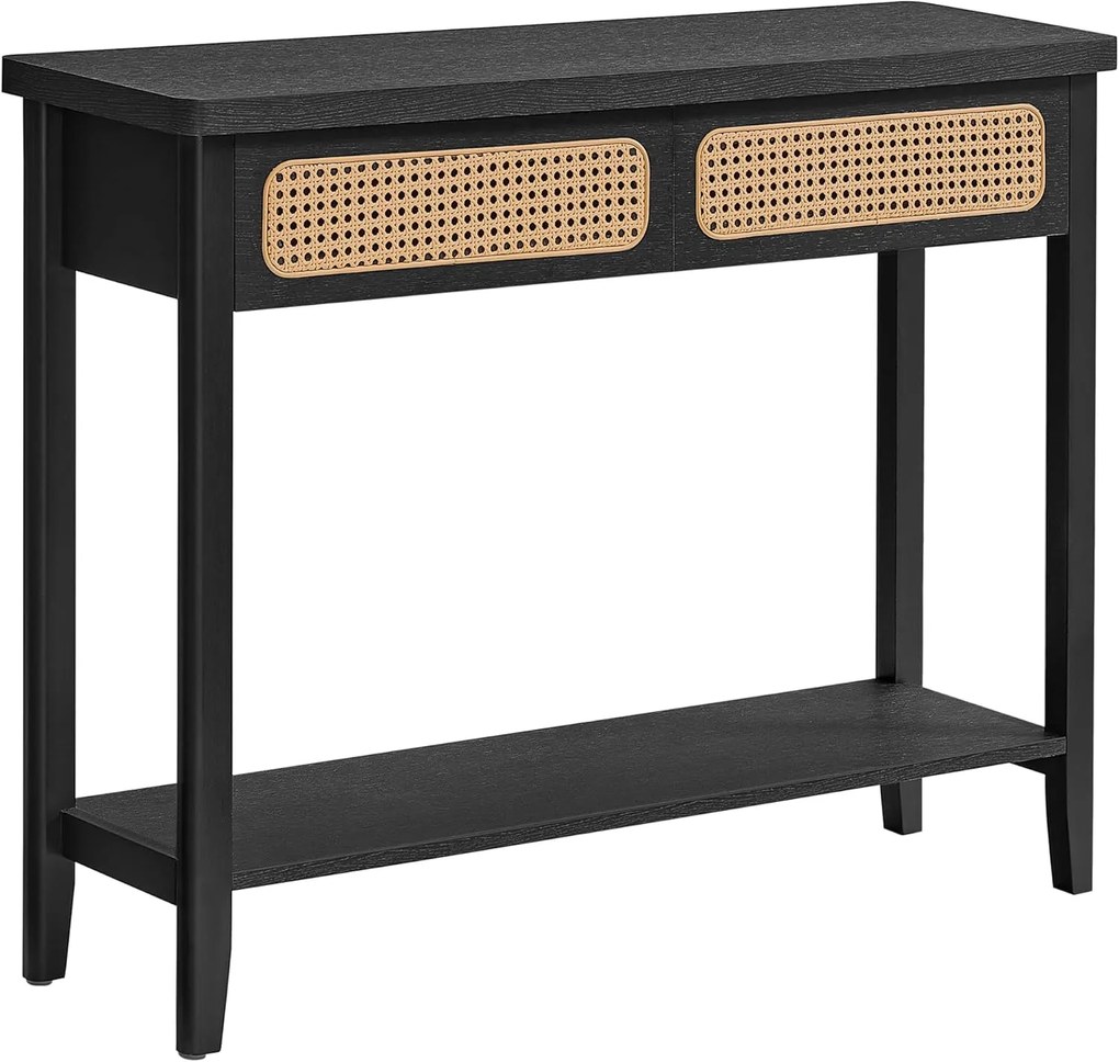 Mesa de Console VASAGLE, Mesa de Corredor, Móveis de Corredor, Mesa de Sofá Estreita para Sala de Estar, com 2 Gavetas, Prateleira Aberta, Cantos Arredondados, Estilo Boho, Preto Freixo LNT016B21