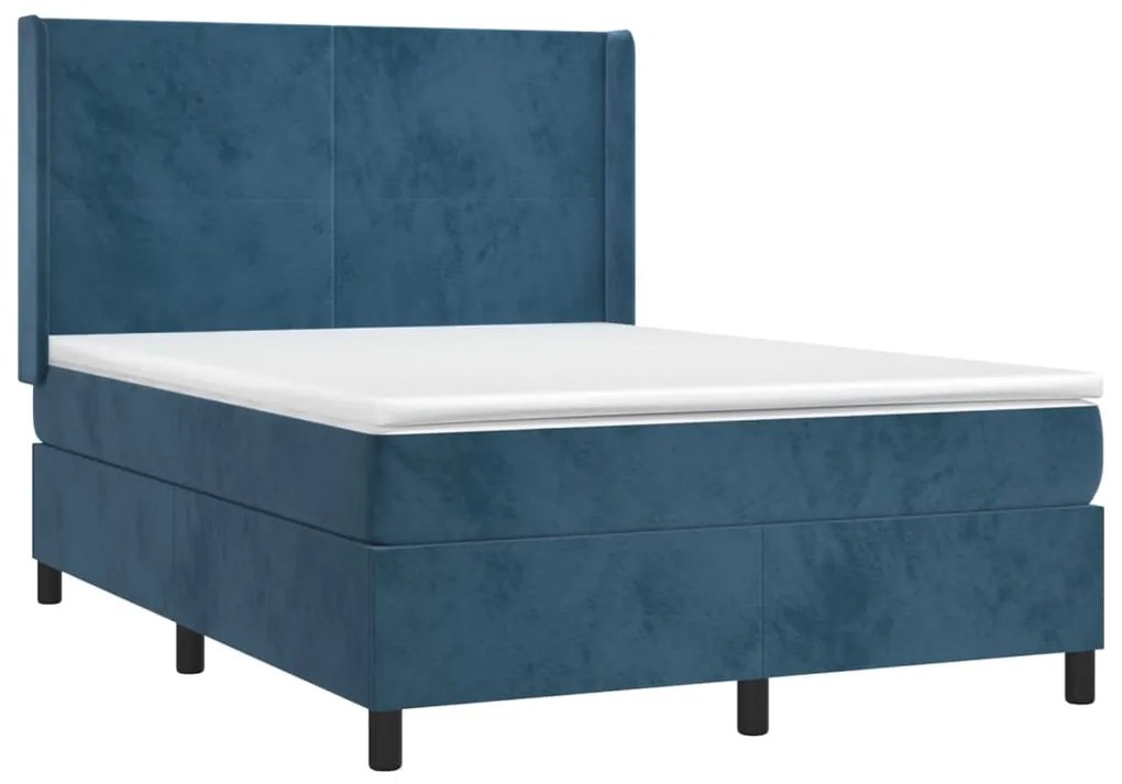 Cama box spring c/ colchão/LED 140x200 cm veludo azul-escuro