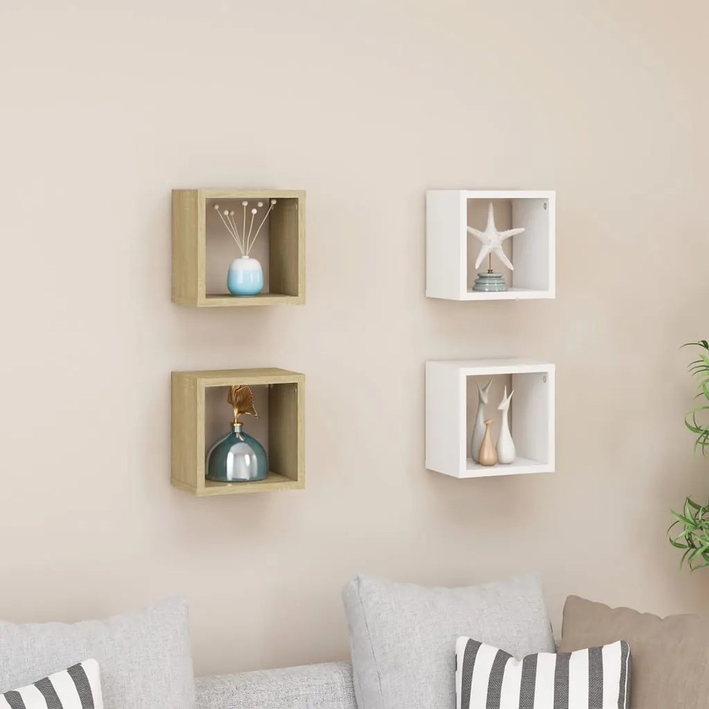 vidaXL Prateleiras parede forma de cubo 4 pcs 22x15x22cm branco/sonoma