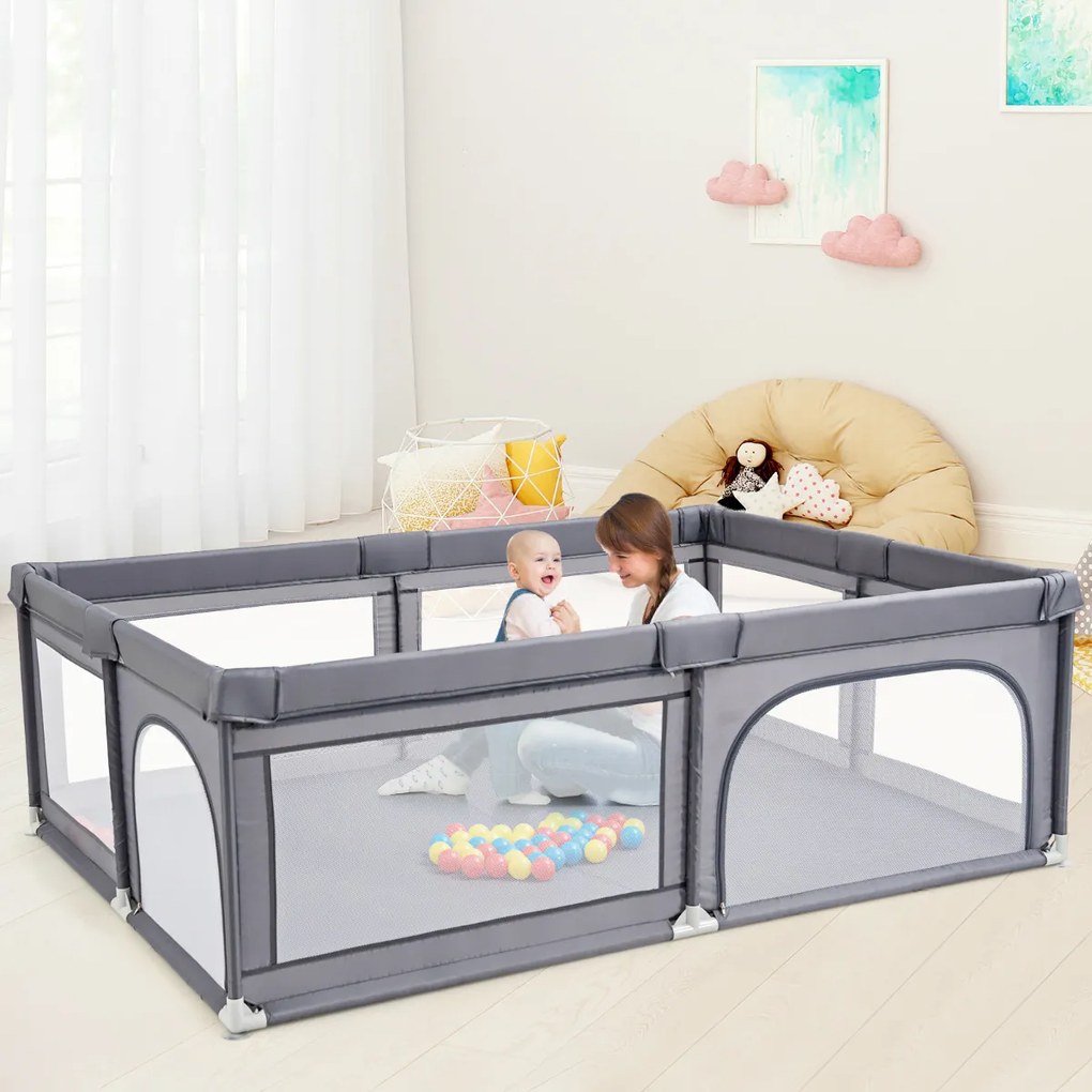Centro de actividades crianças Parque infantil com bolas para bebés Não tóxico com rede respirável 205 x 147 x 68 cm Cinzento escuro